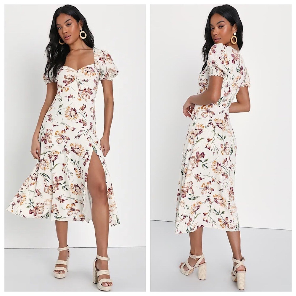 Lulus Split Side Midi Dress Womens Sz L White Floral Jacquard Puff Sleeve